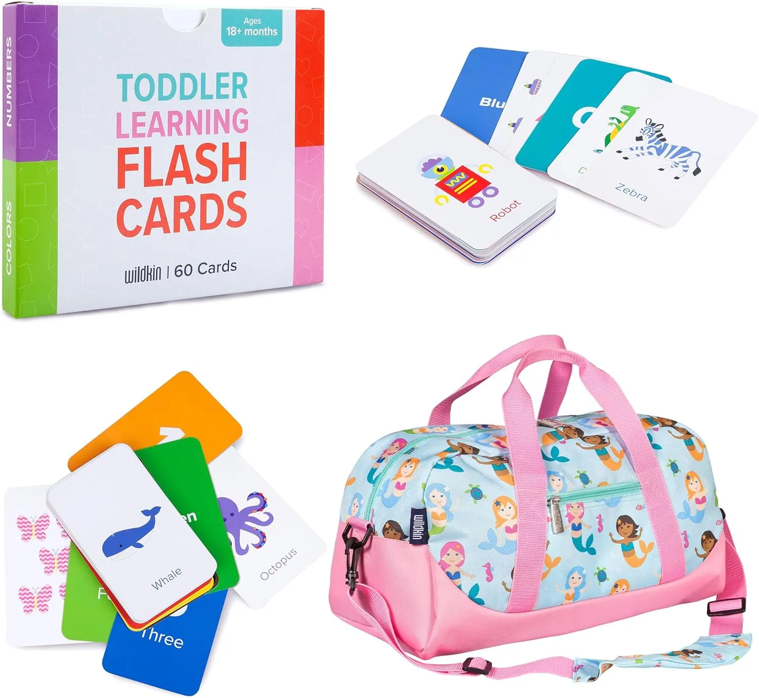 Wildkin Overnighter Duffel Bag and Learning Flash Cards Bundle: Fun Playtime Duo - Ignite Knowledge and Carry Comfort in One (Mermaids)