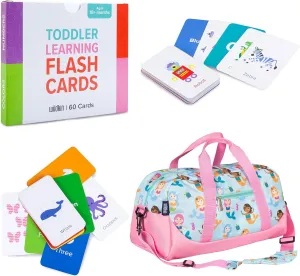 Wildkin Overnighter Duffel Bag and Learning Flash Cards Bundle: Fun Playtime Duo - Ignite Knowledge and Carry Comfort in One (Mermaids)