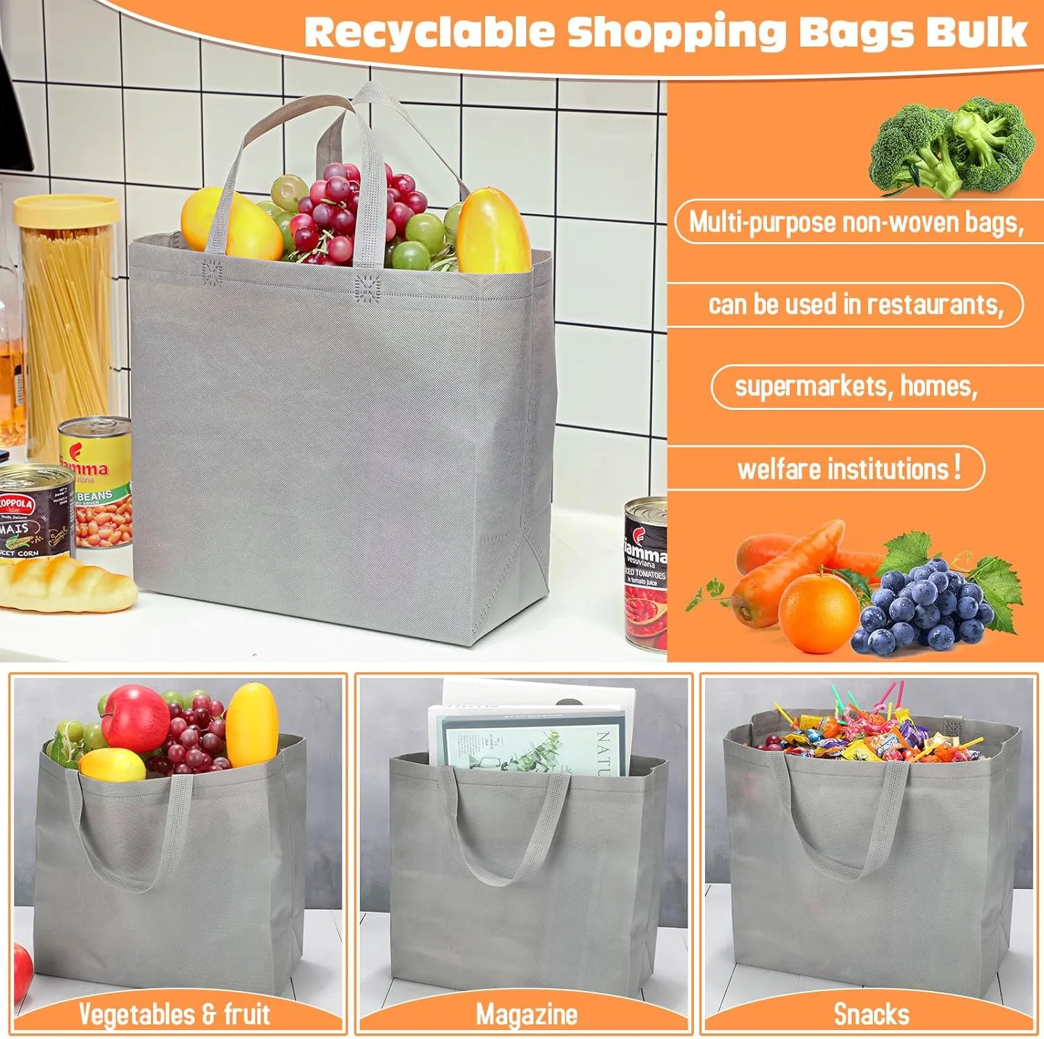 Windyun 200 Pcs Reusable Grocery Bags Large Non Woven Shopping Bags Foldable Portable Tote Carryall Bulk(Dark Gray)