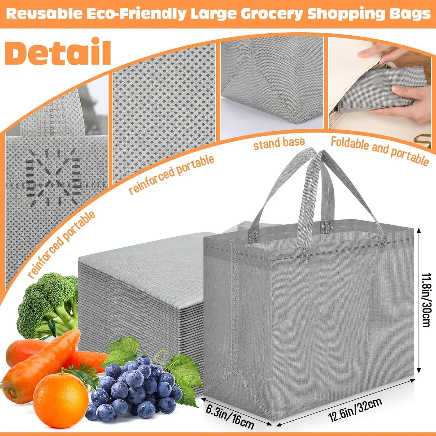 Windyun 200 Pcs Reusable Grocery Bags Large Non Woven Shopping Bags Foldable Portable Tote Carryall Bulk(Dark Gray)