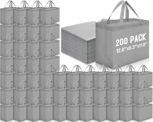 Windyun 200 Pcs Reusable Grocery Bags Large Non Woven Shopping Bags Foldable Portable Tote Carryall Bulk(Dark Gray)
