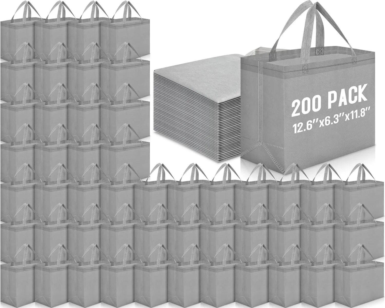 Windyun 200 Pcs Reusable Grocery Bags Large Non Woven Shopping Bags Foldable Portable Tote Carryall Bulk(Dark Gray)