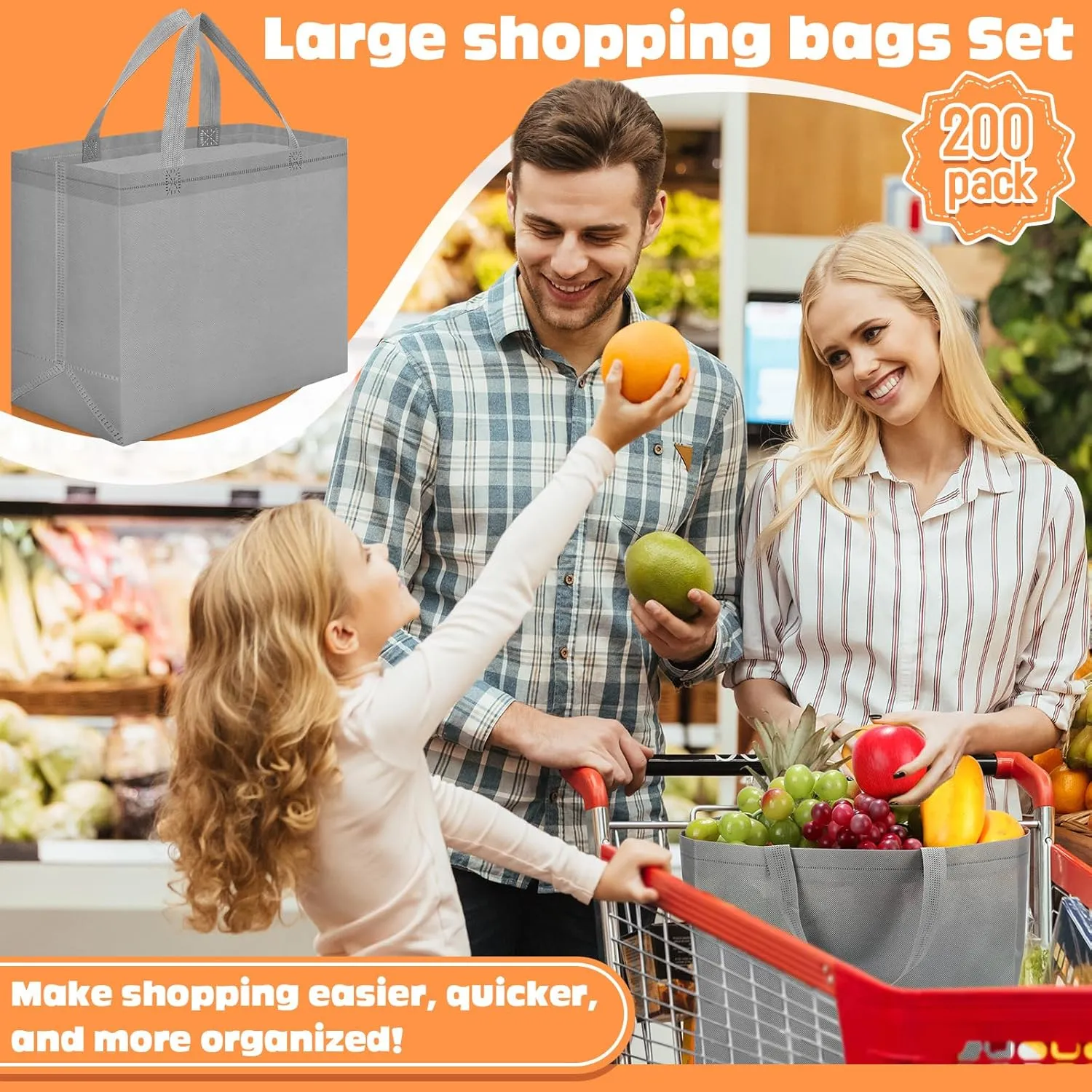 Windyun 200 Pcs Reusable Grocery Bags Large Non Woven Shopping Bags Foldable Portable Tote Carryall Bulk(Dark Gray)