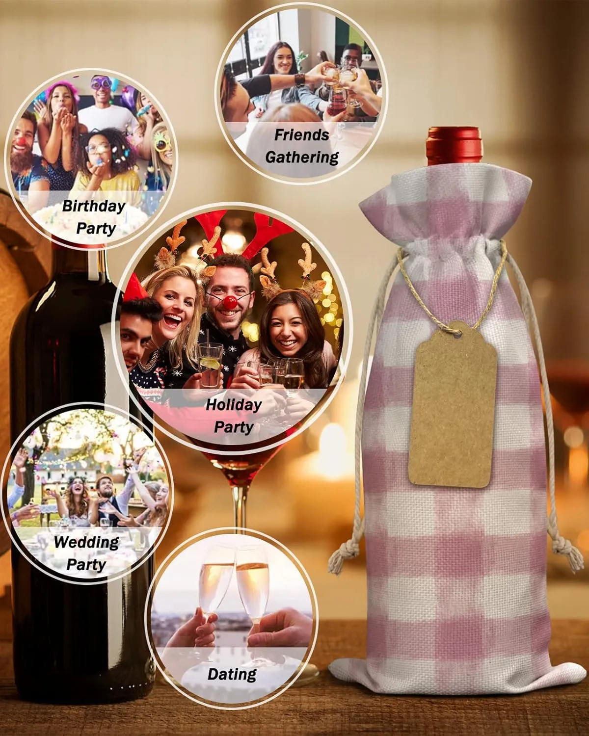 Wine Bags for Wine Bottles Gifts, Wine Bottle Bag with Drawstrings, Pastoral Style Pink Lattice Wine Tote for Travel, Birthday, Blind Tastings, Christmas, Home Storage