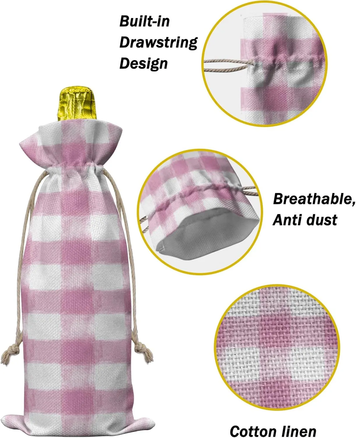 Wine Bags for Wine Bottles Gifts, Wine Bottle Bag with Drawstrings, Pastoral Style Pink Lattice Wine Tote for Travel, Birthday, Blind Tastings, Christmas, Home Storage