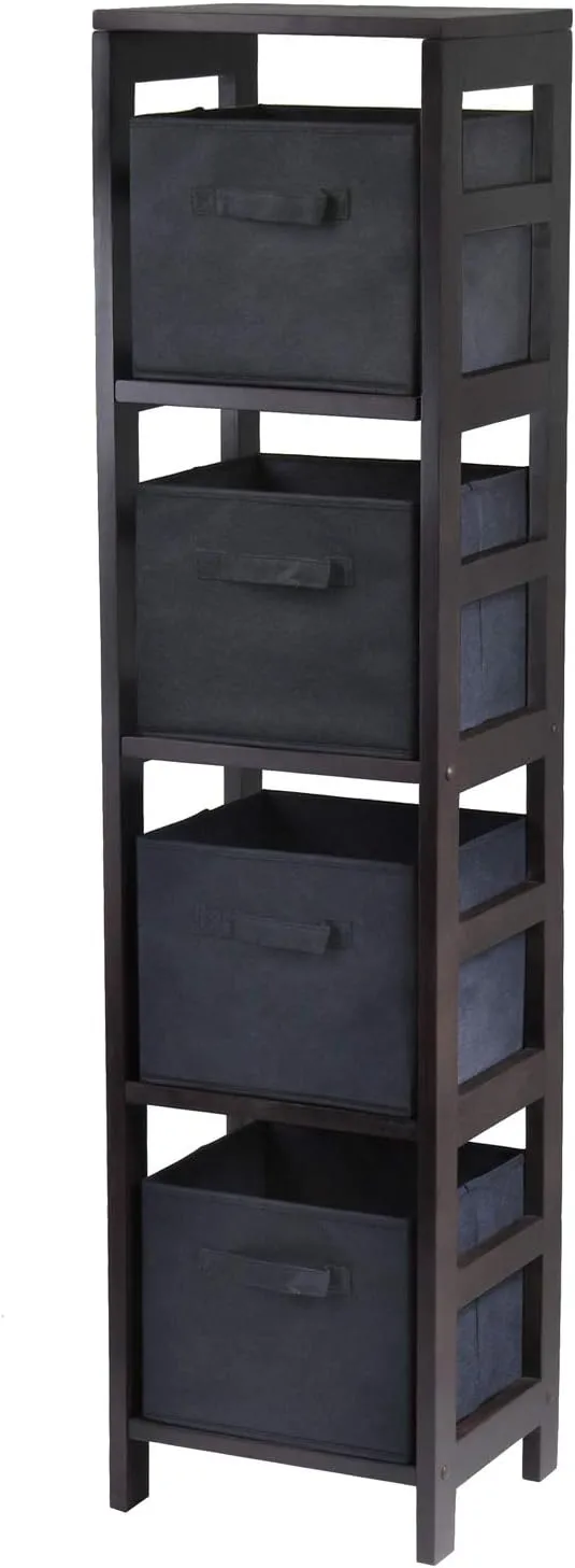 Winsome Wood Capri Wood 4 Section Storage Shelf with 4 Black Fabric Foldable Baskets