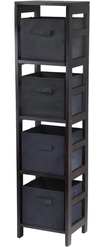Winsome Wood Capri Wood 4 Section Storage Shelf with 4 Black Fabric Foldable Baskets