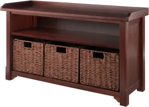 Winsome Wood Milan 4-Pc Storage Bench with 3 Foldable Woven Baskets - Walnut