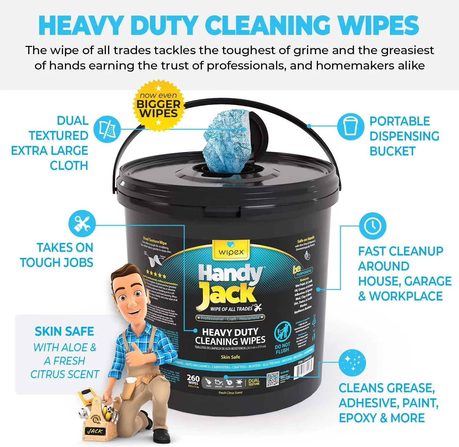 Wipex Handy Jack Heavy Duty Wipes, Dual Texture Cleaning Cloth, Use on Hands, Equipment, Tools - Removes Paint, Adhesives, Oil, Grease, & Dirt, Bulk Size, 260 Count (Pack of 1)