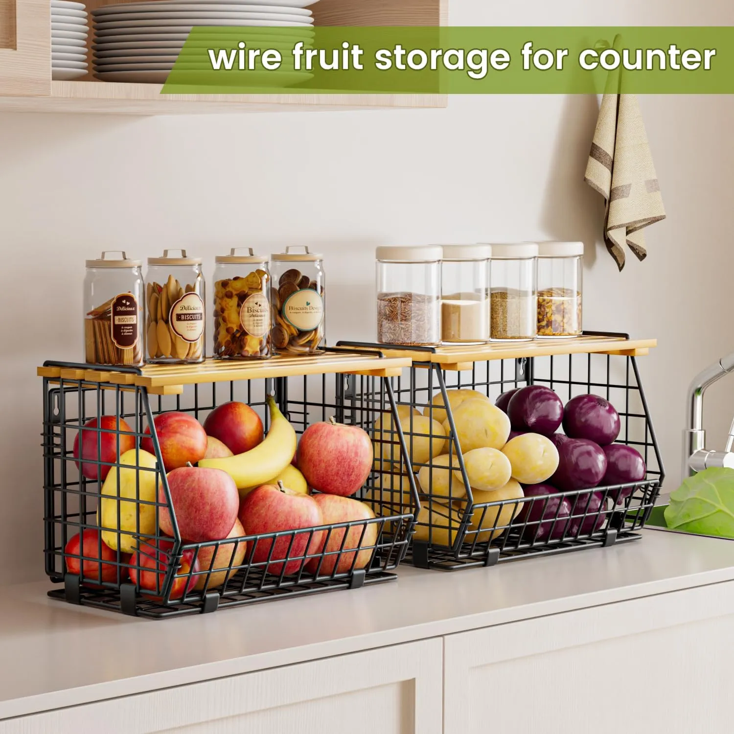 Wire Fruit Basket for Kitchen Storage: Hanging and Counter Basket for Vegetable Produce - Potato and Onion Storage for Pantry 3 Pack