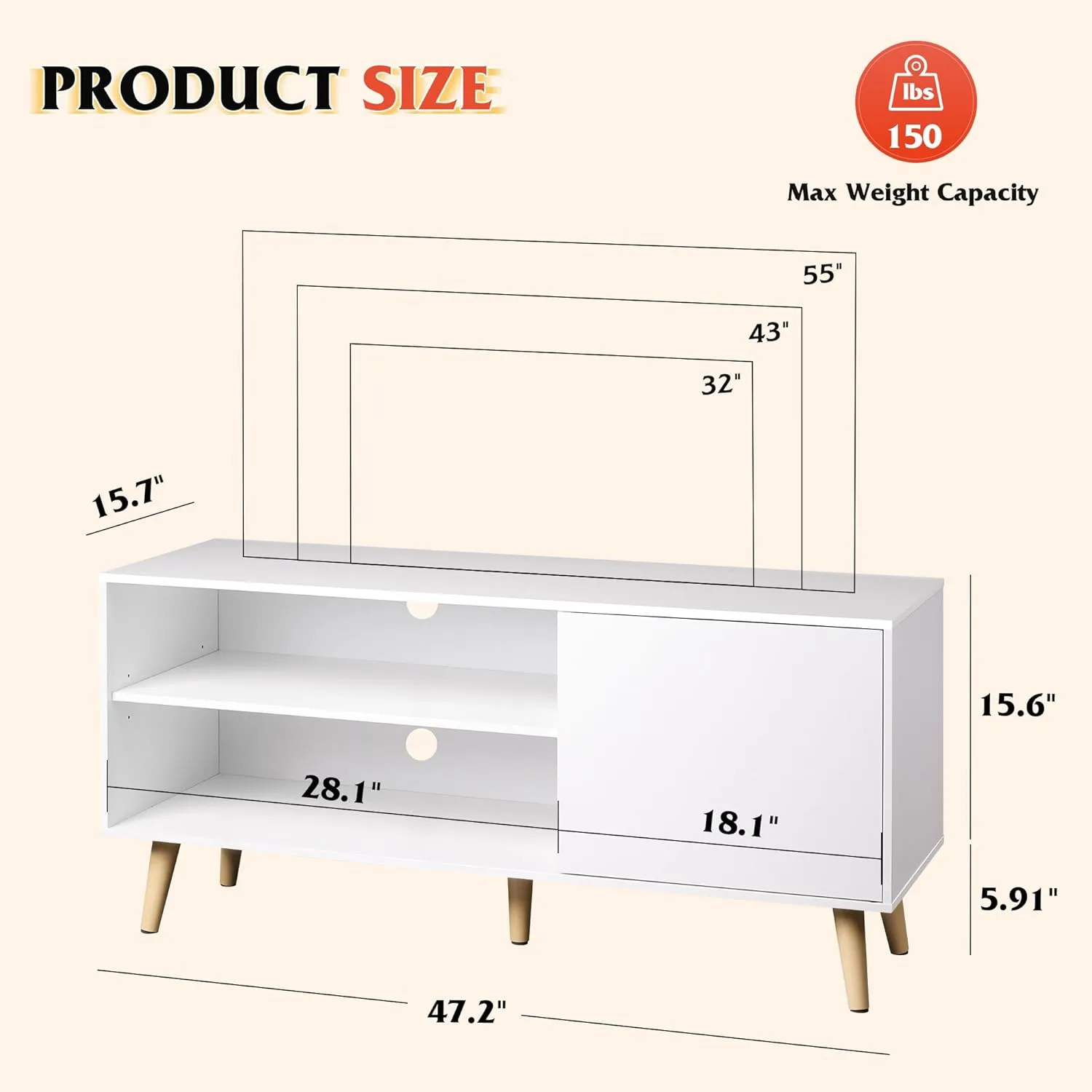 WLIVE TV Stand for 55 Inch TVs, Entertainment Center with Storage Cabinet, Mid-Century TV Stands for Living Room and Bedroom, 50" TV Console, White