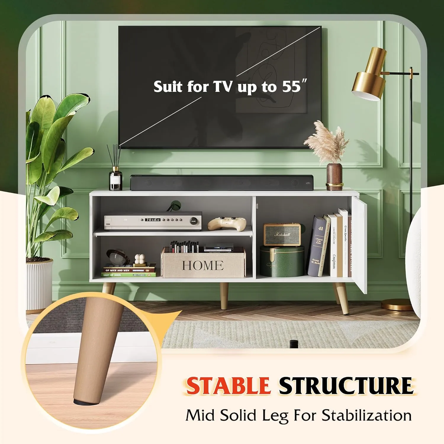WLIVE TV Stand for 55 Inch TVs, Entertainment Center with Storage Cabinet, Mid-Century TV Stands for Living Room and Bedroom, 50" TV Console, White