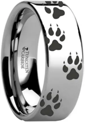 WOLF TRACK PRINTS Animal Tracks Wolf Print Flat Tungsten Ring 8mm Wide Wedding Band