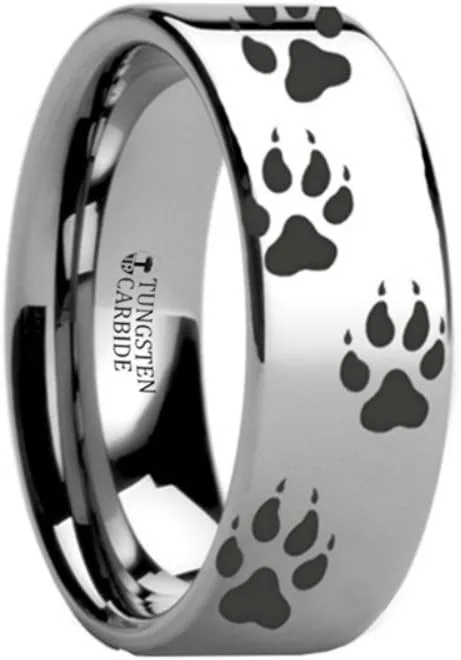 WOLF TRACK PRINTS Animal Tracks Wolf Print Flat Tungsten Ring 8mm Wide Wedding Band
