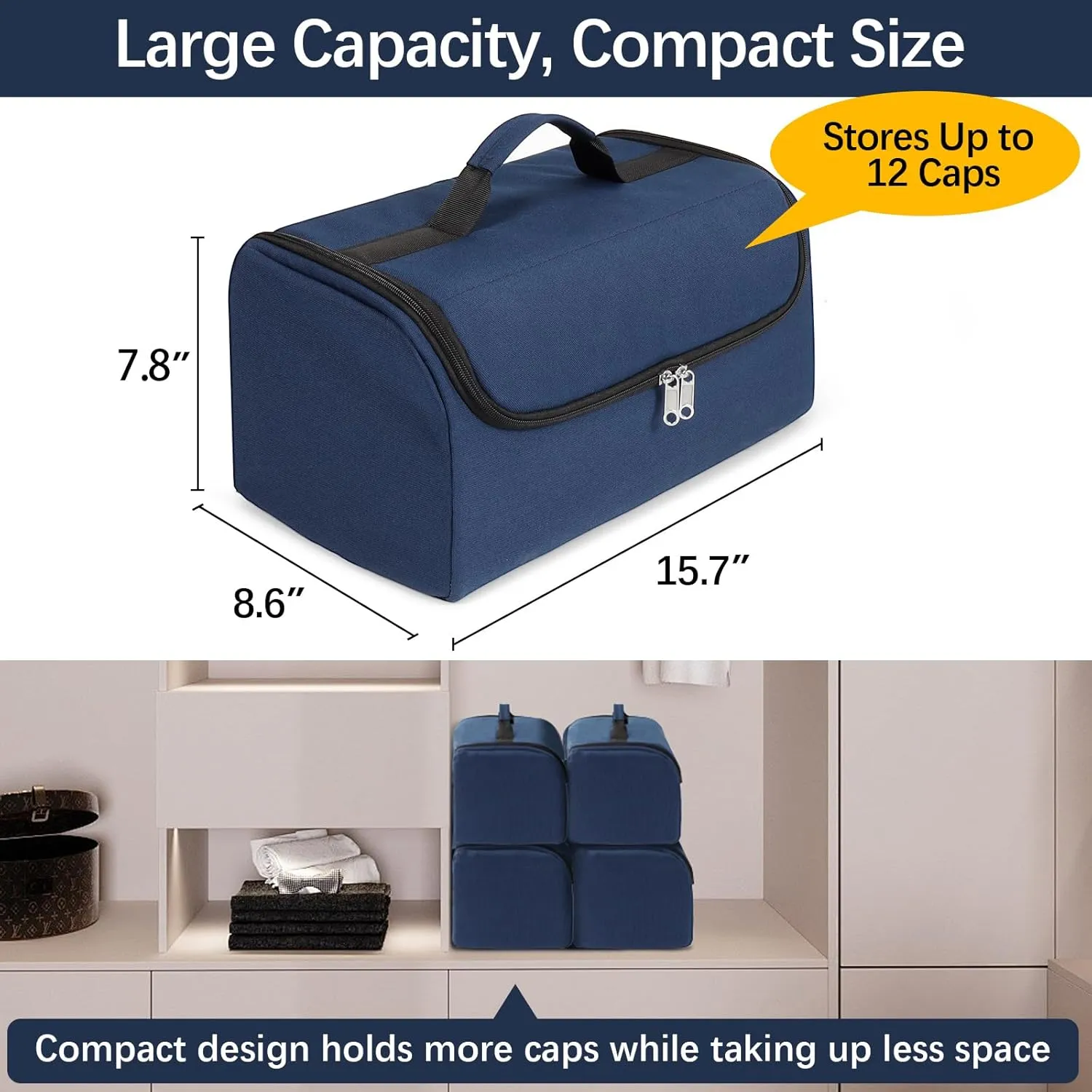 WOMACO Hat Organizer Bag for Baseball Caps, Hard Shell Large Hat Storage Holder Bag for Travel and Moving, Snapback Cap Carrier Case for 9-12 Caps (Dark Blue, Medium)