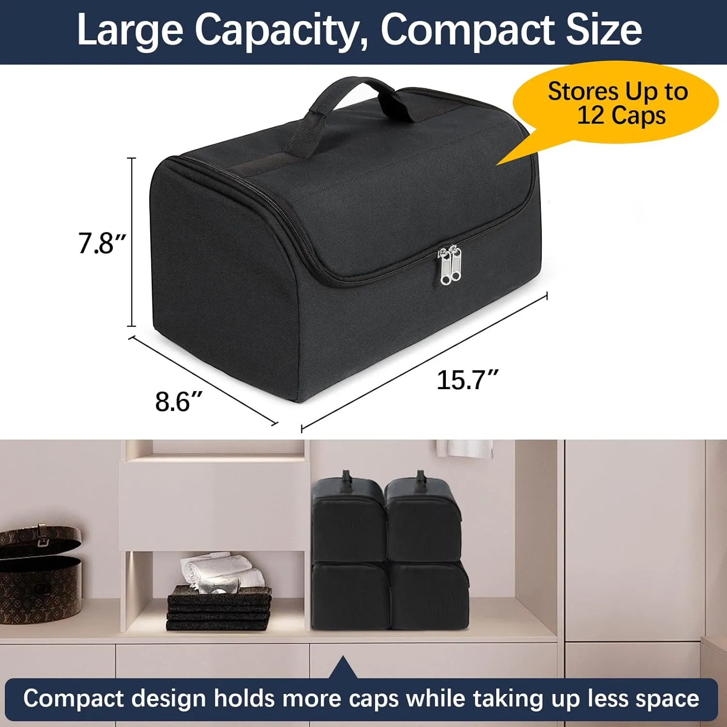 WOMACO Hat Organizer for Baseball Caps, Hard Shell Hat Bag Storage Holder Bag for Travel and Moving, Snapback Cap Carrier Case for 9-12 Caps (Black, Medium)