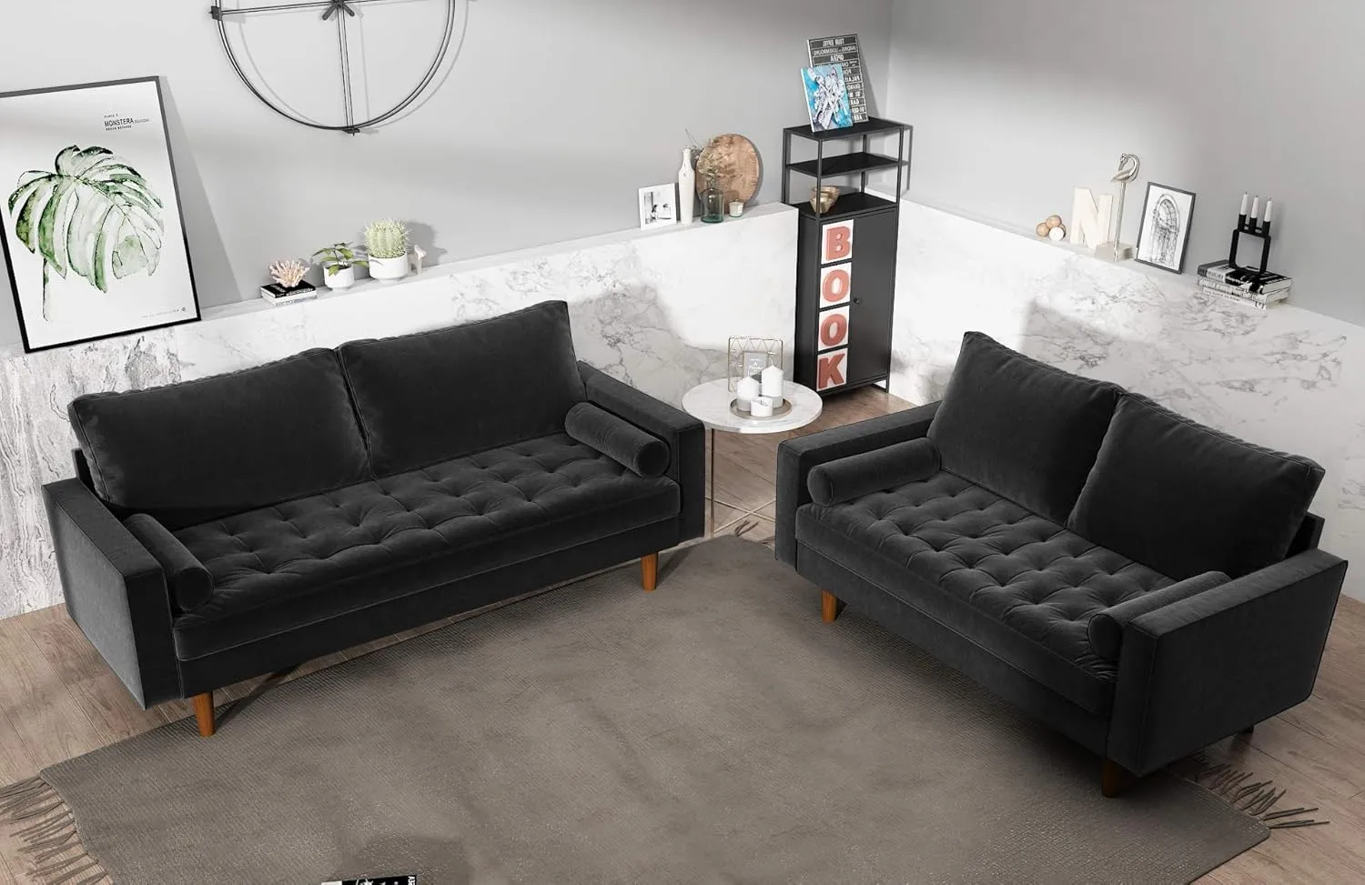 Womble Mid Century Modern Velvet Couch for Living Room with 3 Seater Tufted Seat and Sturdy Wood Frame, Includes Bolster Pillows, Sofa, Black