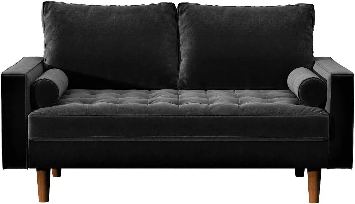 Womble Mid Century Modern Velvet Couch for Living Room with 3 Seater Tufted Seat and Sturdy Wood Frame, Includes Bolster Pillows, Sofa, Black