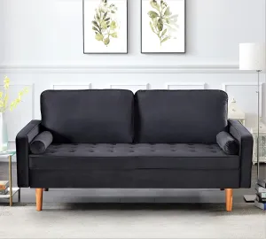 Womble Mid Century Modern Velvet Couch for Living Room with 3 Seater Tufted Seat and Sturdy Wood Frame, Includes Bolster Pillows, Sofa, Black