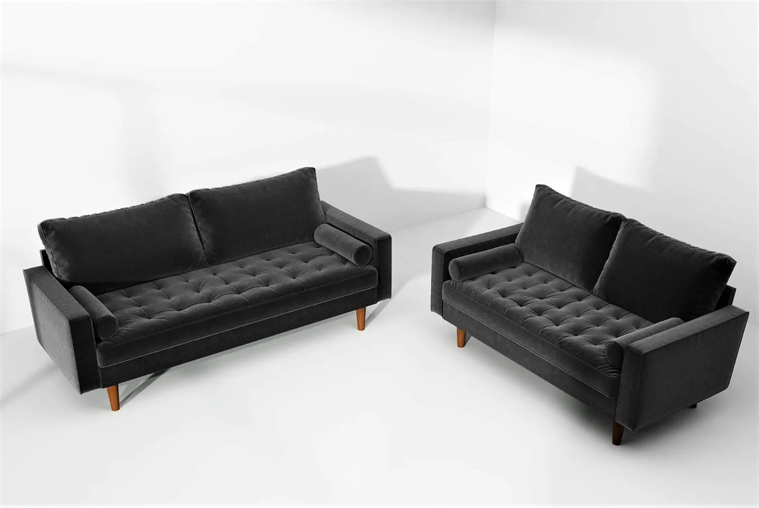 Womble Mid Century Modern Velvet Couch for Living Room with 3 Seater Tufted Seat and Sturdy Wood Frame, Includes Bolster Pillows, Sofa, Black