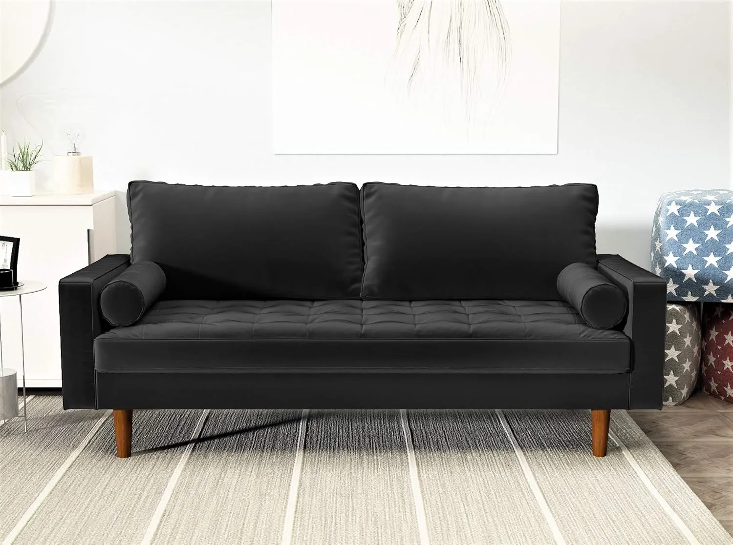 Womble Mid Century Modern Velvet Couch for Living Room with 3 Seater Tufted Seat and Sturdy Wood Frame, Includes Bolster Pillows, Sofa, Black