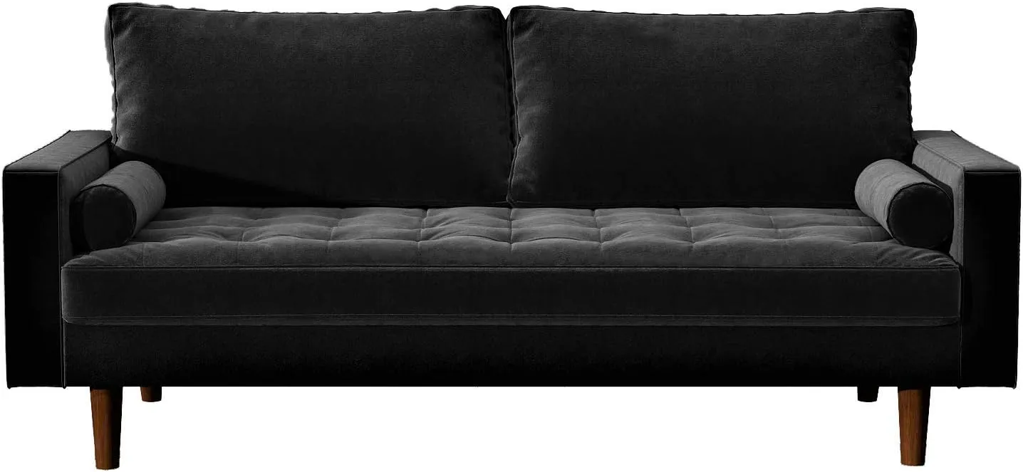 Womble Mid Century Modern Velvet Couch for Living Room with 3 Seater Tufted Seat and Sturdy Wood Frame, Includes Bolster Pillows, Sofa, Black