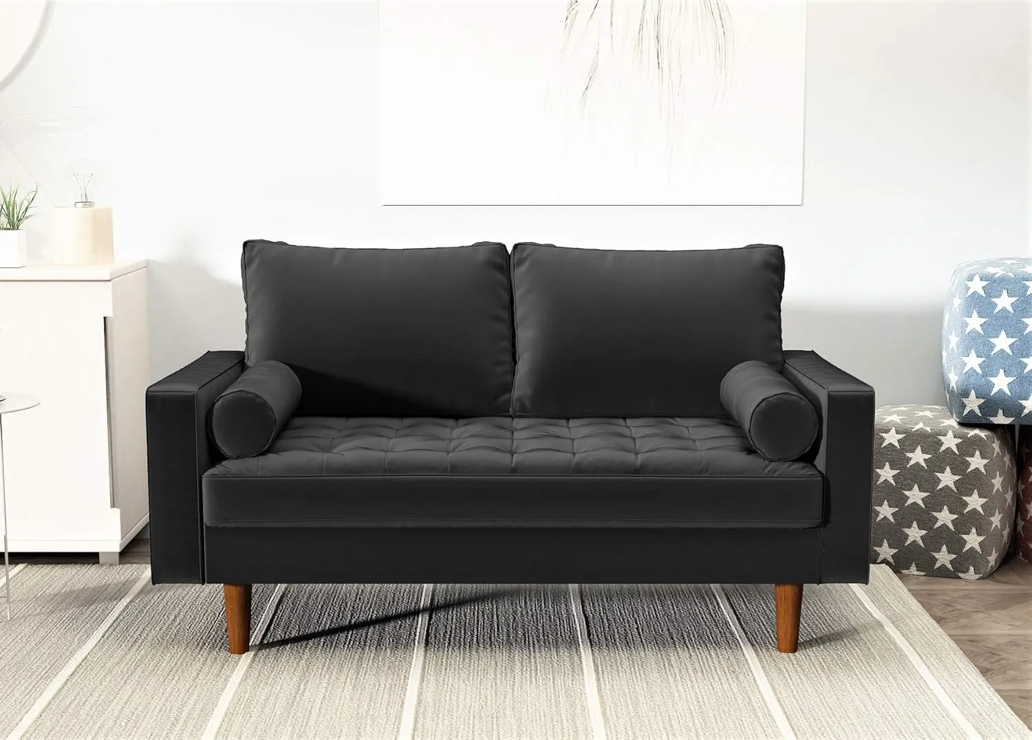 Womble Mid Century Modern Velvet Couch for Living Room with 3 Seater Tufted Seat and Sturdy Wood Frame, Includes Bolster Pillows, Sofa, Black