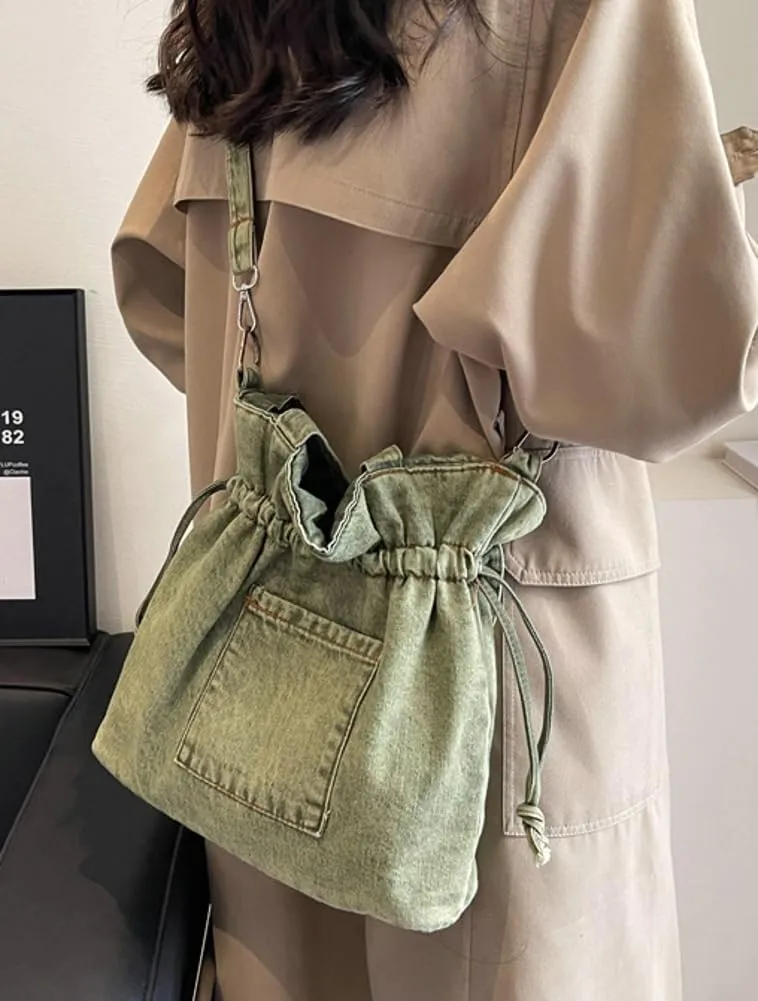 Women Denim Canvas Tote Bag Drawstring Crossbody Tote Purse Trendy Shoulder Handbag Travel Bag