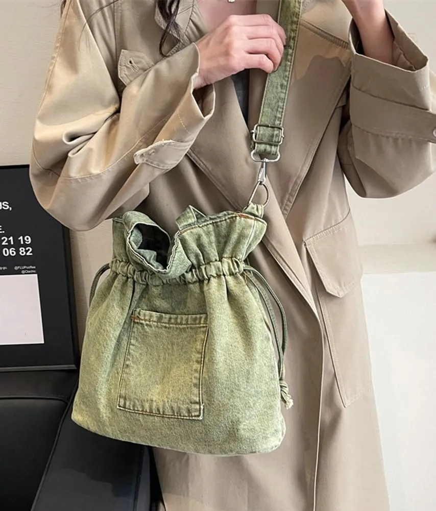 Women Denim Canvas Tote Bag Drawstring Crossbody Tote Purse Trendy Shoulder Handbag Travel Bag