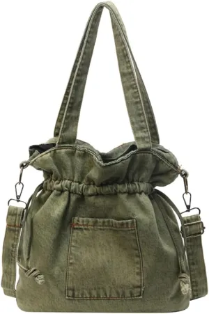 Women Denim Canvas Tote Bag Drawstring Crossbody Tote Purse Trendy Shoulder Handbag Travel Bag