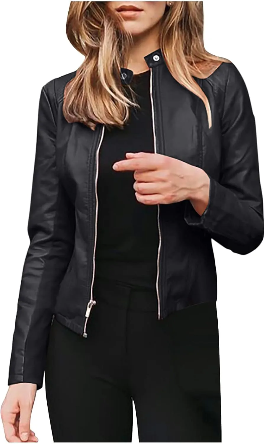 Women Faux Leather Jacket, Women's Zip Up Motorcycle Short PU Moto Biker Outwear Fitted Slim Coat Tops