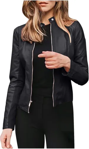 Women Faux Leather Jacket, Women's Zip Up Motorcycle Short PU Moto Biker Outwear Fitted Slim Coat Tops