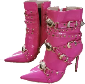 Women's Ankle Booties Zipper Chunky High Heel Knight Boots Belt Double Buckle Punk Cosplay Pink