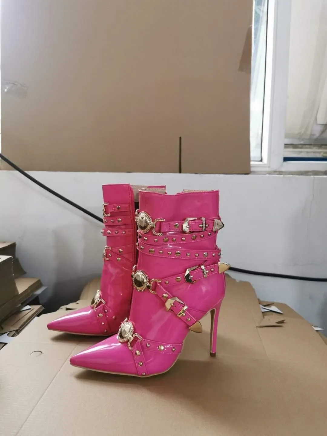 Women's Ankle Booties Zipper Chunky High Heel Knight Boots Belt Double Buckle Punk Cosplay Pink