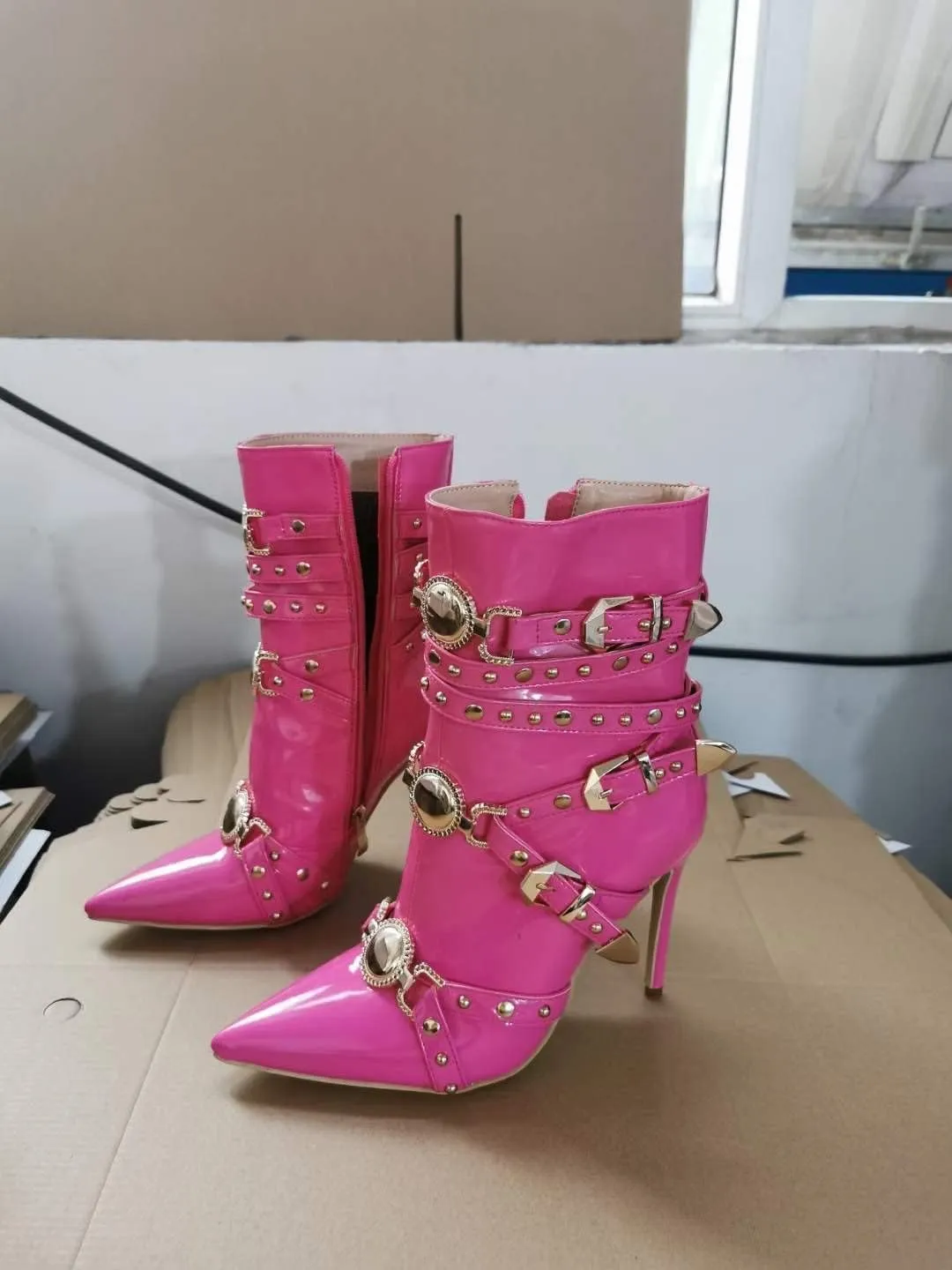 Women's Ankle Booties Zipper Chunky High Heel Knight Boots Belt Double Buckle Punk Cosplay Pink
