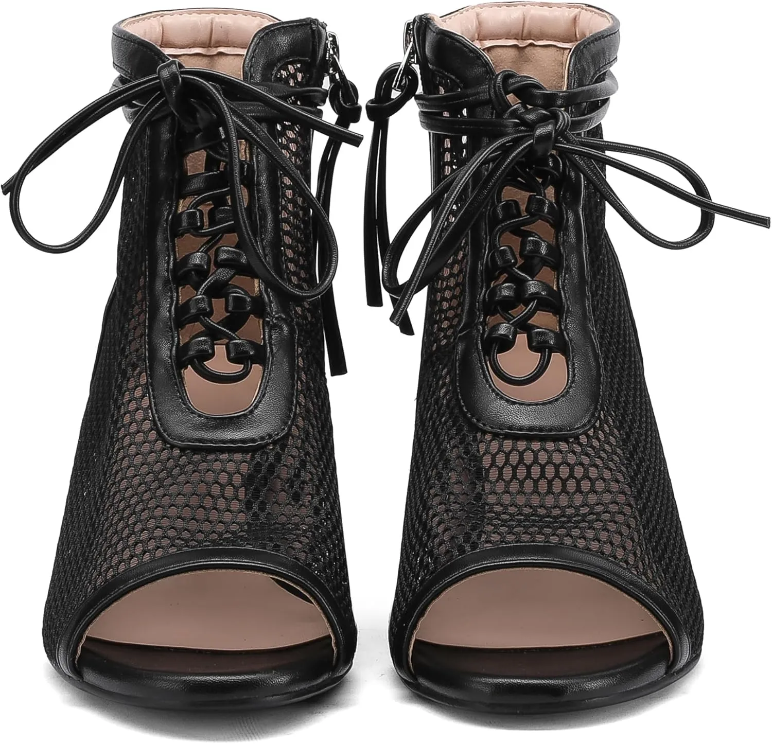 Women's Breathable Mesh Comfortable Open-Toe Booties - 2.5-Inch Block Heel, Side Zipper & Adjustable Lace-Up