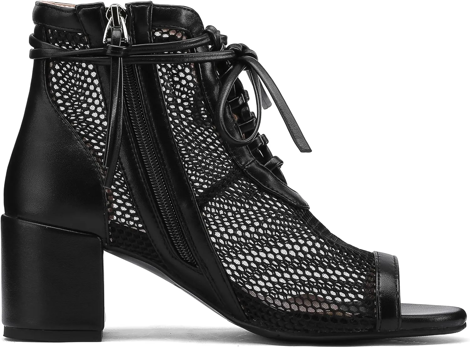 Women's Breathable Mesh Comfortable Open-Toe Booties - 2.5-Inch Block Heel, Side Zipper & Adjustable Lace-Up