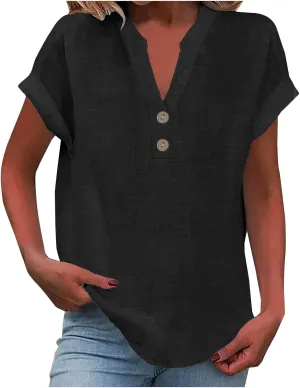 Womens Button Down Linen Shirts Short Sleeve V Neck Dressy Casual Business Work Blouses Loose Fit Summer Tunic Tops