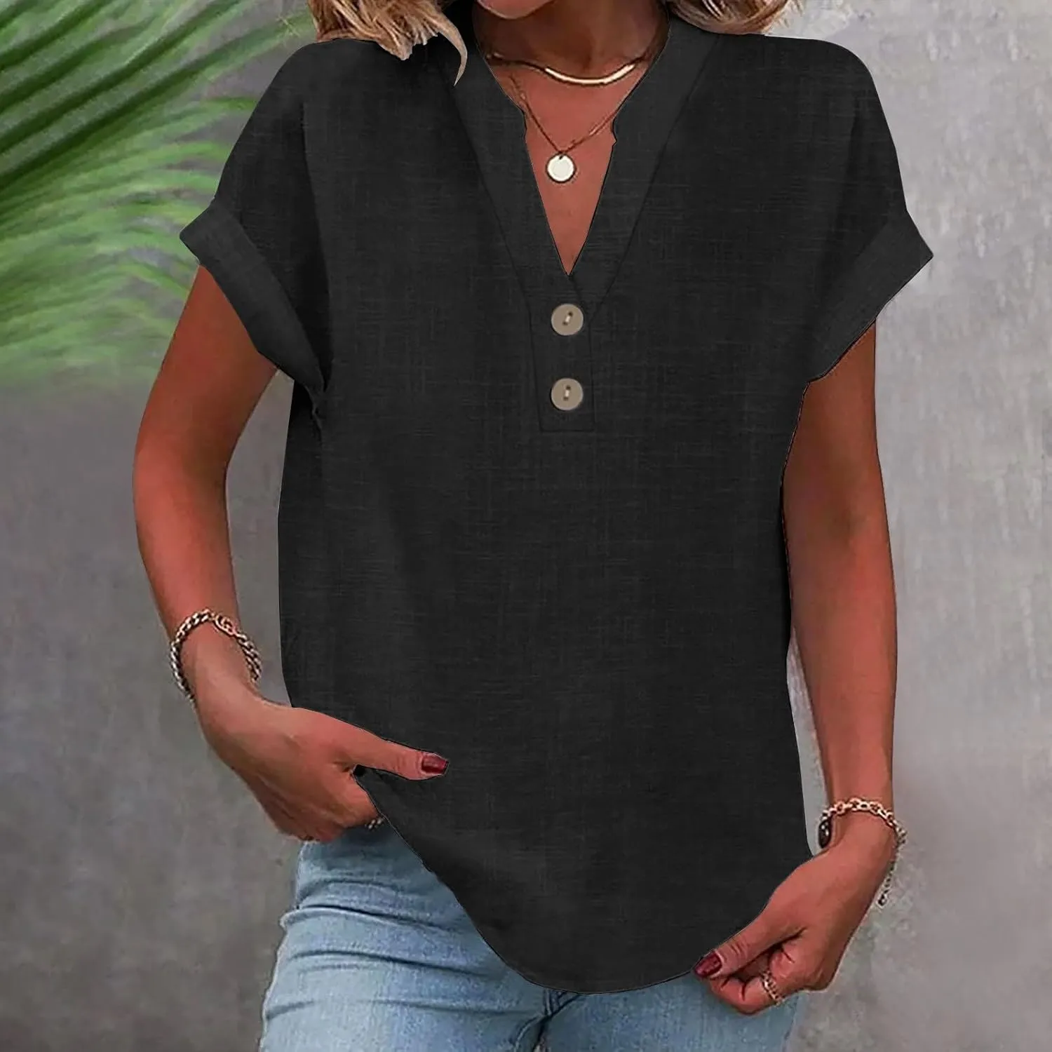 Womens Button Down Linen Shirts Short Sleeve V Neck Dressy Casual Business Work Blouses Loose Fit Summer Tunic Tops