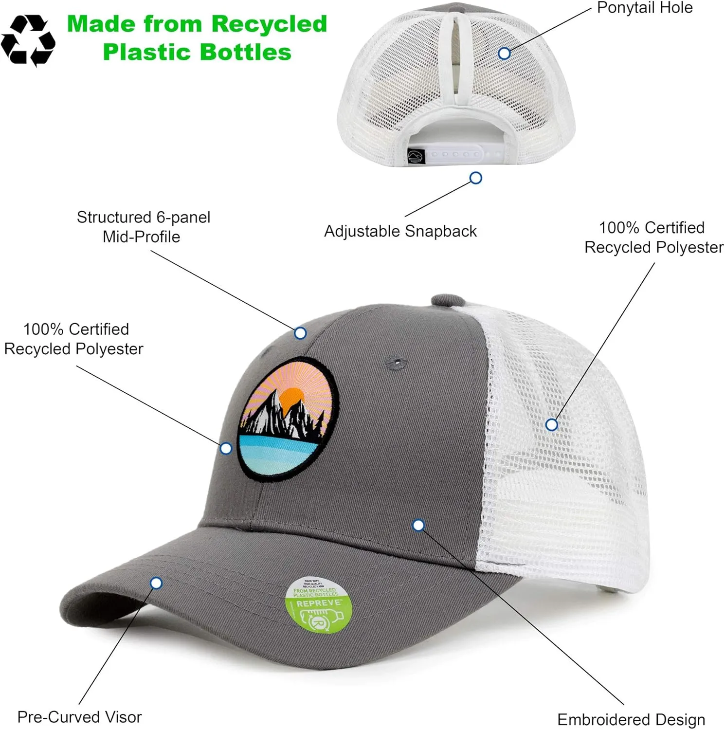 Women's Eco-Friendly Ponytail Hat Messy Bun Baseball Trucker Cap
