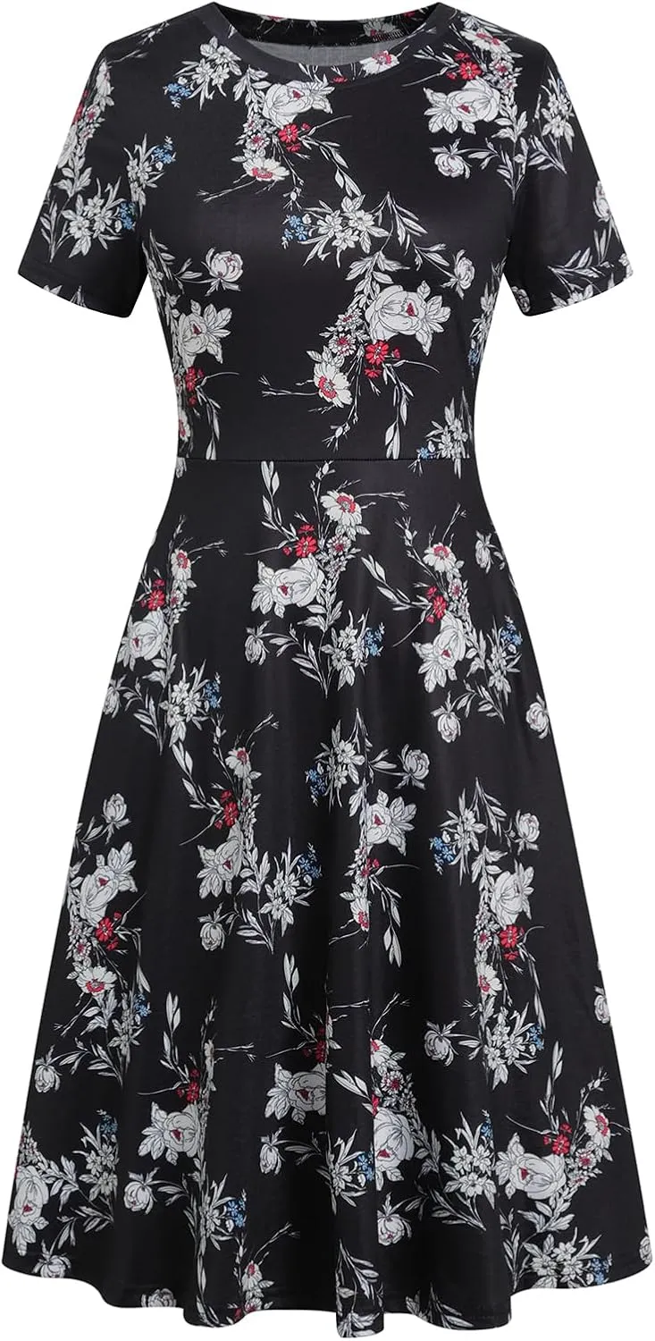 Women's Elegant Vintage 50s Office Casual Floral Print Work Party A-Line Swing Dress with Pockets 162