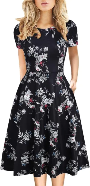 Women's Elegant Vintage 50s Office Casual Floral Print Work Party A-Line Swing Dress with Pockets 162