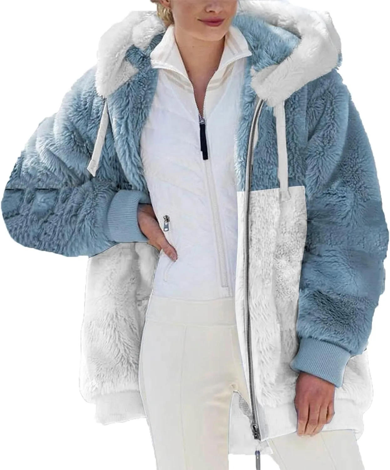 Women's Fleece Hooded Coat Loose Plus Size Zipper Winter Warm Long Sleeve Plush Hoodies Jacket Cardigan Sweaters