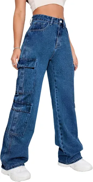 Women's High Waist Baggy Cargo Jeans Flap Pocket Y2K Streetwear Wide Leg Denim Pants