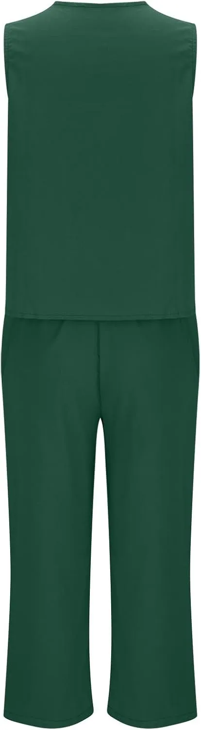 Womens Linen 2 Piece Outfits Casual Summer 2024 Sleeveless v Neck Crop Top Wide Leg Capri Pants Matching Set Loungewear