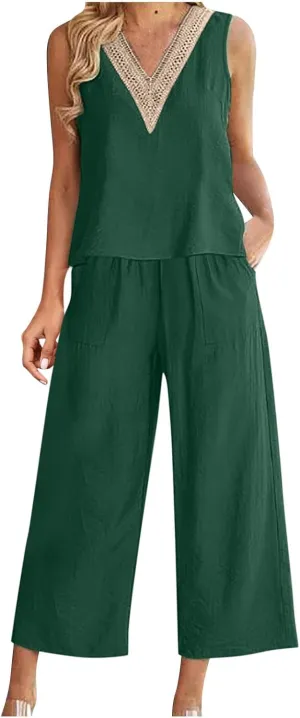 Womens Linen 2 Piece Outfits Casual Summer 2024 Sleeveless v Neck Crop Top Wide Leg Capri Pants Matching Set Loungewear