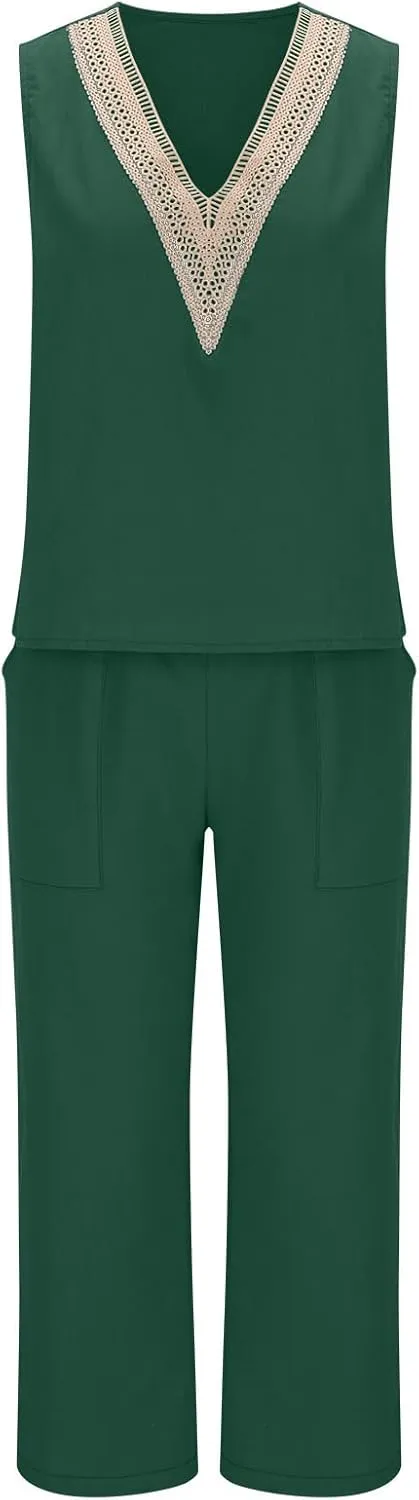 Womens Linen 2 Piece Outfits Casual Summer 2024 Sleeveless v Neck Crop Top Wide Leg Capri Pants Matching Set Loungewear