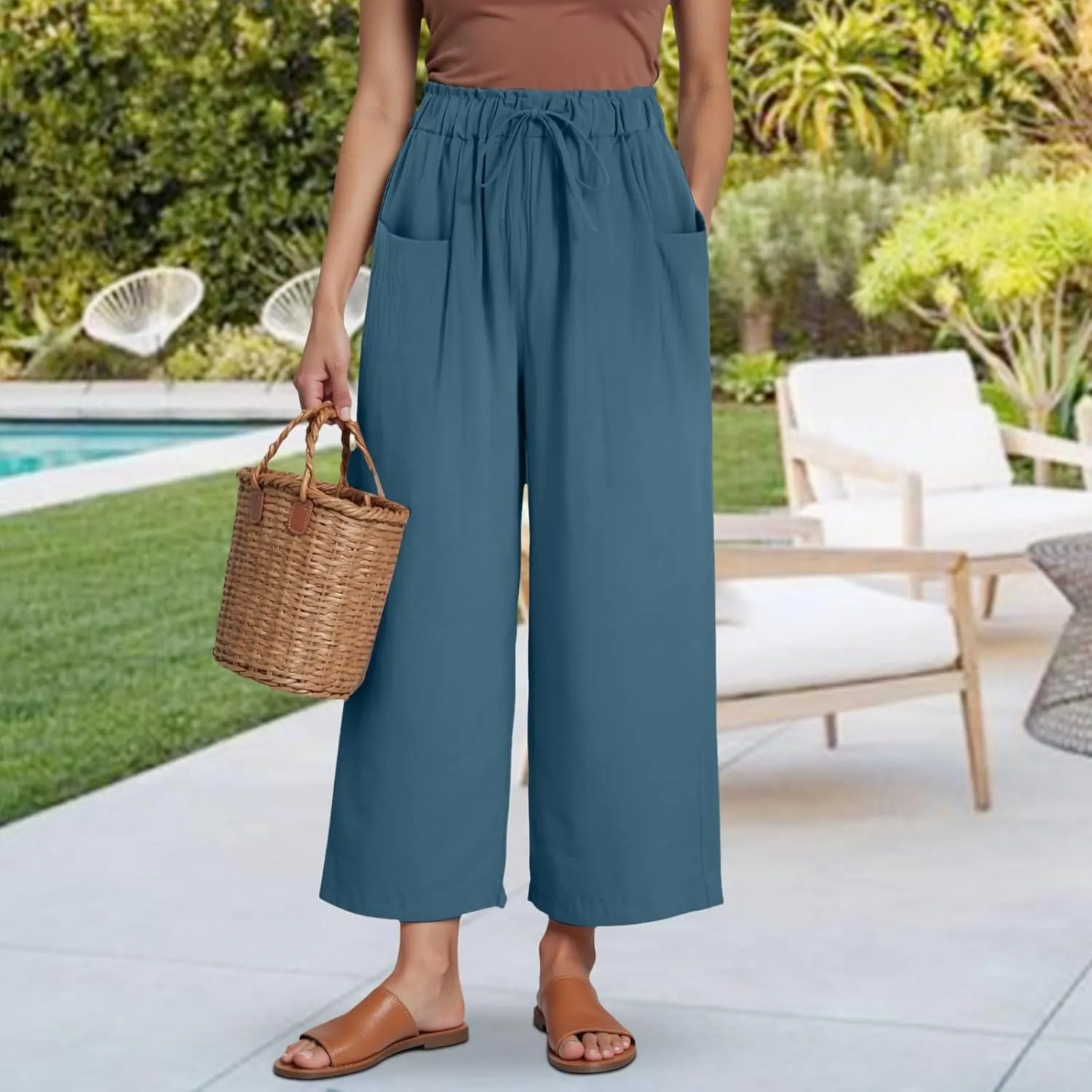 Womens Linen Wide Leg Pants Womens Linen Pants Wide Leg for Women High Waist Casual Relaxed with Pockets Inseam