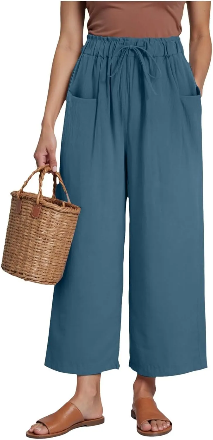 Womens Linen Wide Leg Pants Womens Linen Pants Wide Leg for Women High Waist Casual Relaxed with Pockets Inseam