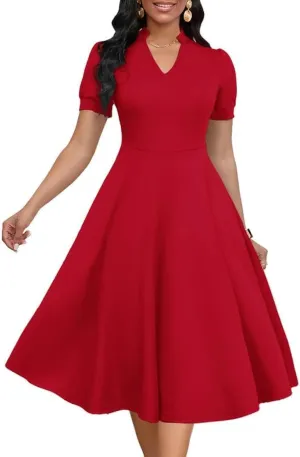 Womens Short Puff Sleeve V Neck Casual Semi-Formal Cocktail Party A-Line Dress